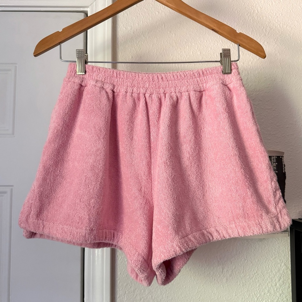 TERRY TOWELLING pink terry cloth elastic waist athletic sweat high rise shorts‎